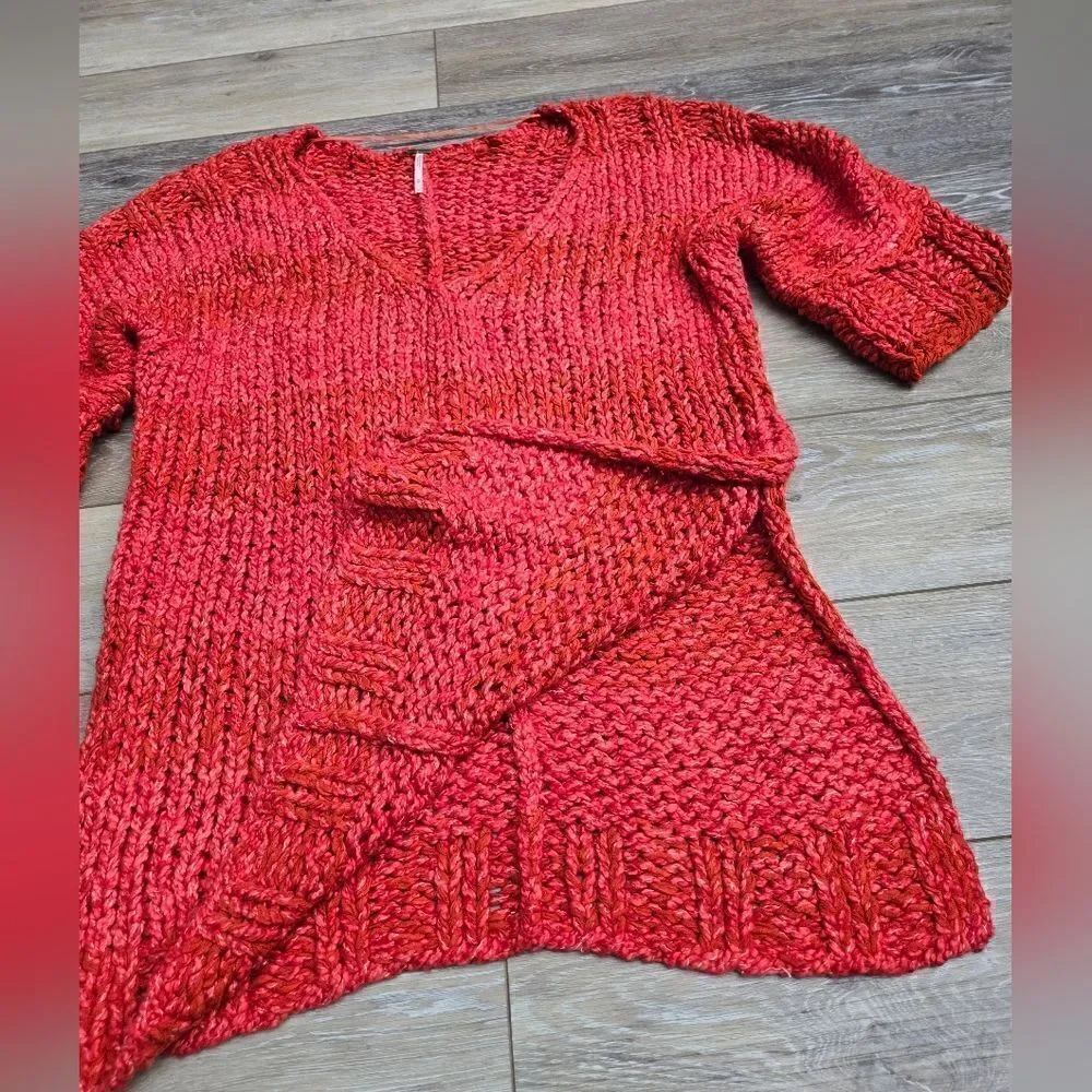 Free People Chunky Knit long oversized orange striped sweater v neck cotton bl